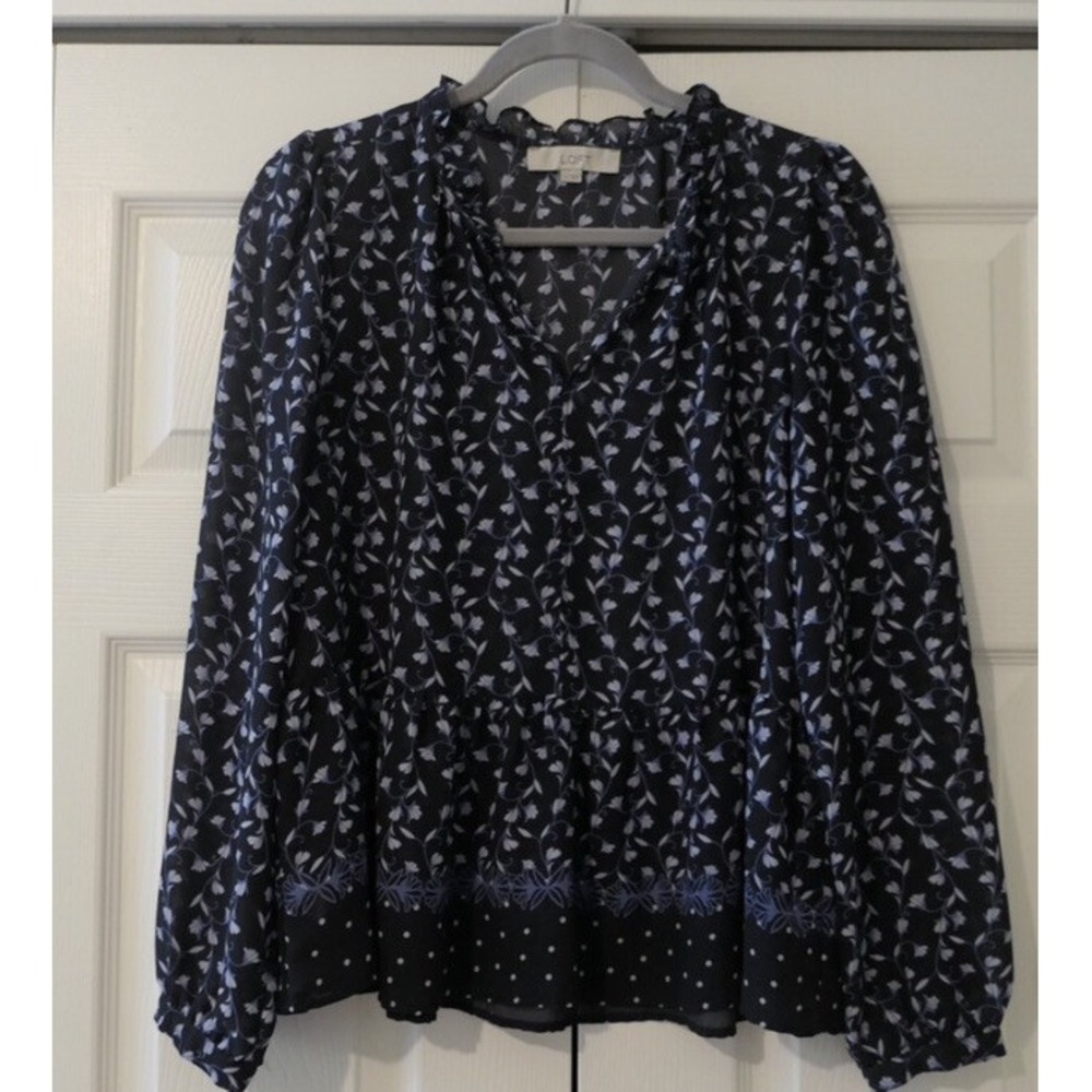Ann Taylor Loft Blue Floral Tiered Blouse Size Small Floral Print Long Sleeve